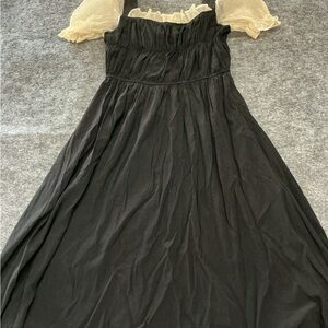 Plastic Black Short Sleeve Ruffled Square-Neck Milkmaid Retro Midi Dress